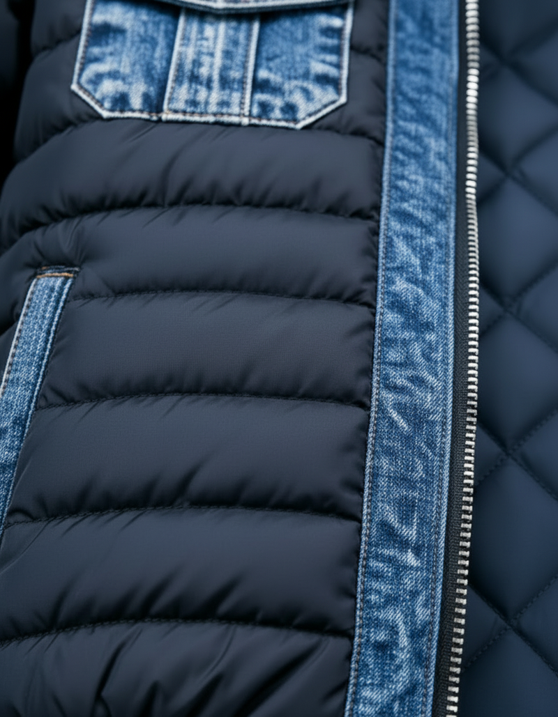 Close-up van de gewatteerde horizontale banen in donkerblauw, met een denim ritsstrook, een zakflap en het ruitvormige stikwerk van de voering. 2