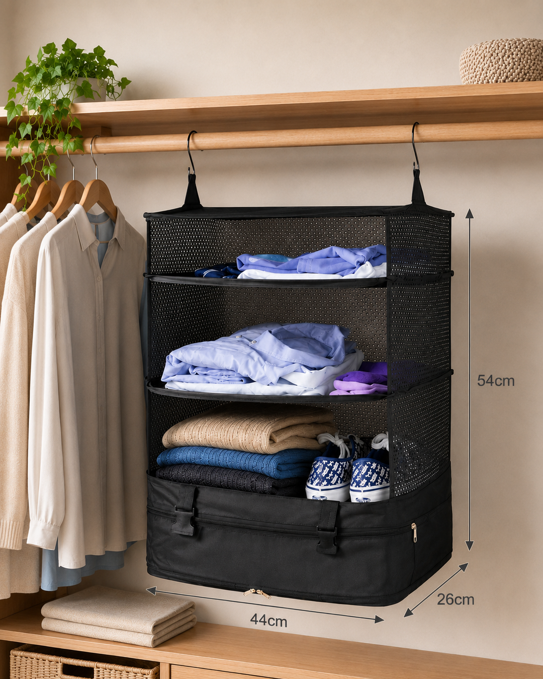 Organizer hangend aan een kledingstang in de kast, gevuld met kleding en schoenen, met afmetingen 7