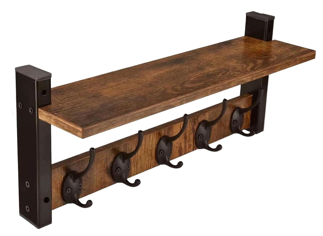 Wall-Mounted Coat Rack with Shelf and 5 Metal Hooks – Ravora 
