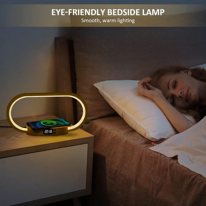 Dimmbare Nachttischlampe mit kabellosem Ladegerät und Uhr – Lumora
