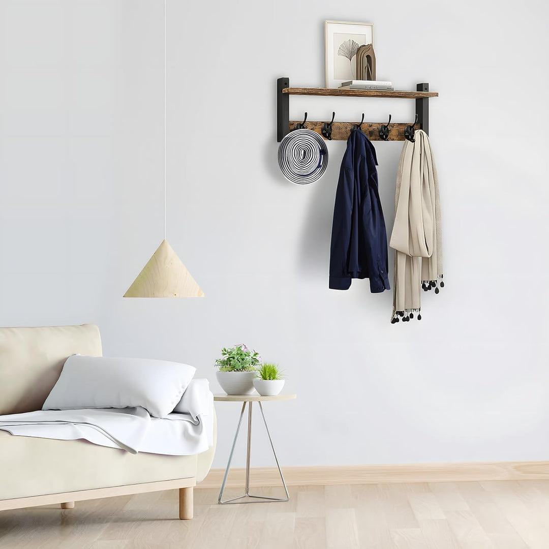 Wall-Mounted Coat Rack with Shelf and 5 Metal Hooks – Ravora 