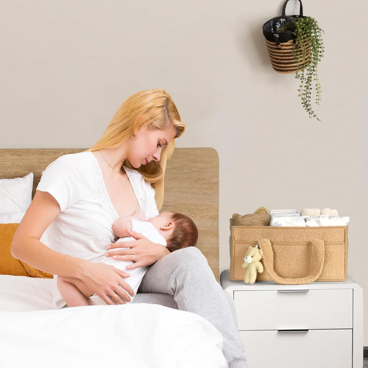 Baby Diaper Bag Caddy Organizer – Soft Sherpa Storage Basket with Compartments – Elvoria 