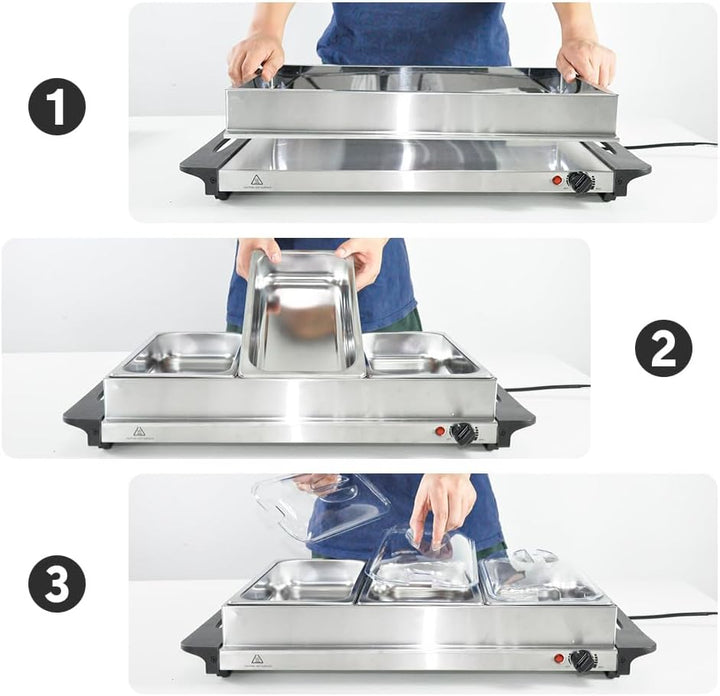 Electric Buffet Food Warmer with 3 x 2.5L Trays &amp; Temperature Control – Valtero