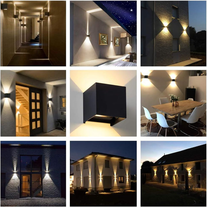 Collage van negen toepassingen van de wandlamp: gang, gevel, entree, eettafel en tuin, binnen en buiten bij avond. 13