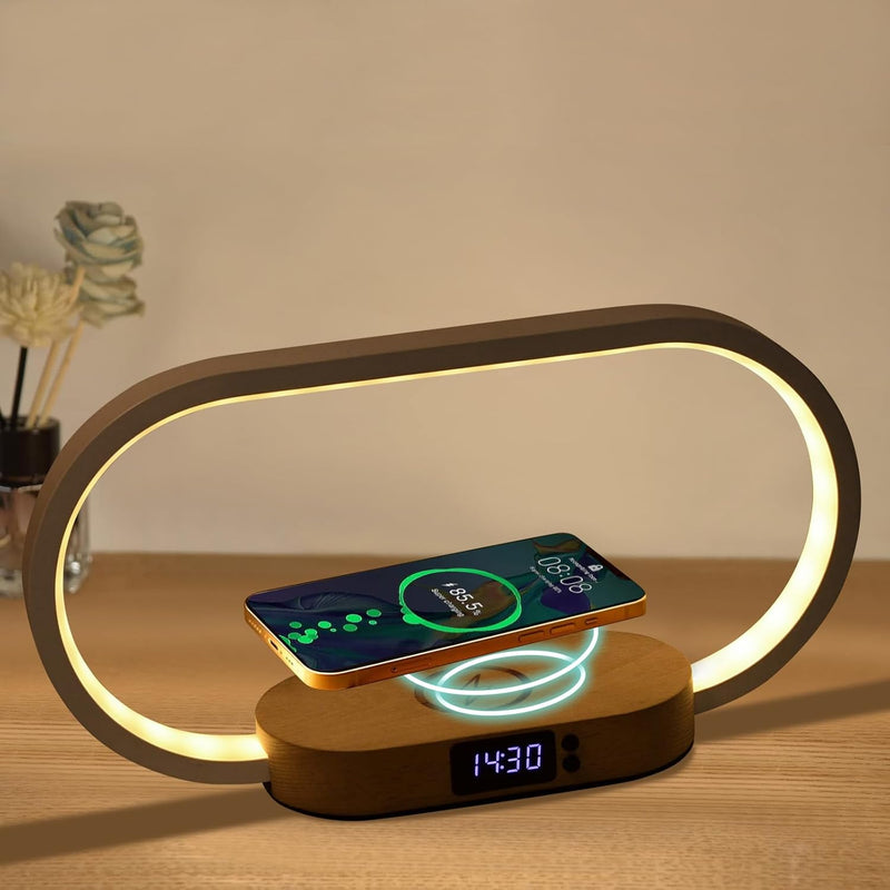 Dimmbare Nachttischlampe mit kabellosem Ladegerät und Uhr – Lumora