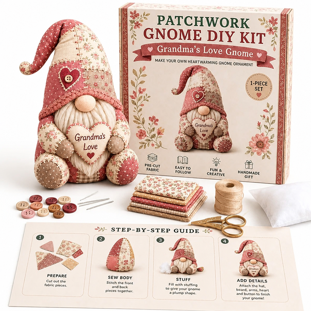 Roze kabouter met hartje in de handen naast de doos, stofjes, knopen, naalden, schaar en stappengids 10