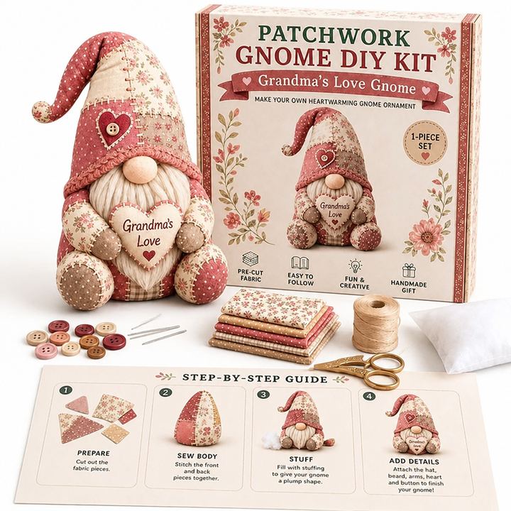 Roze kabouter met hartje in de handen naast de doos, stofjes, knopen, naalden, schaar en stappengids 10