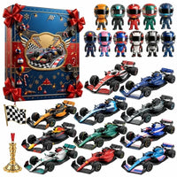 Blauw-rode kalenderdoos met strikken, omringd door formule 1-miniatuurwagens, poppetjes met helm, geruite vlag en gouden 13