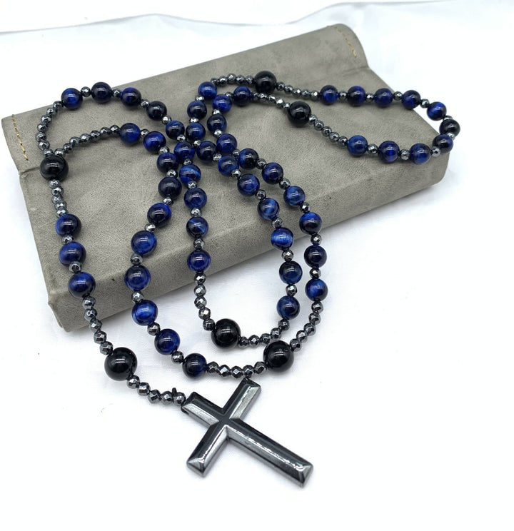 Tigerauge und Lapislazuli Kreuz Rosenkranz Halskette für Männer - Orion