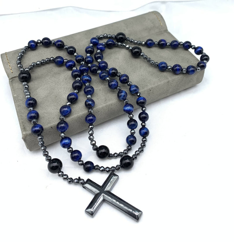 Tigerauge und Lapislazuli Kreuz Rosenkranz Halskette für Männer - Orion