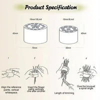 Productschema met twee inzetten met negentien en negen gaten, plus vier stappen om bloemen erin te steken en te rangschikken. 6