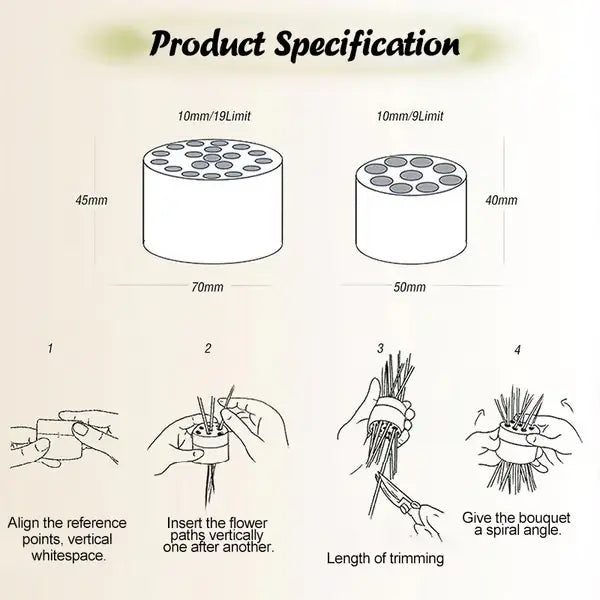 Productschema met twee inzetten met negentien en negen gaten, plus vier stappen om bloemen erin te steken en te rangschikken. 6