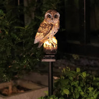 Bruine uil op boomstronk geeft 's nachts warm licht in een donkere tuin, met groene planten op de voorgrond. 4