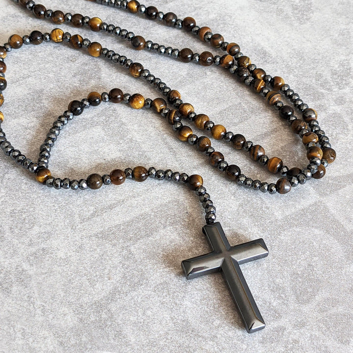 Tigerauge und Lapislazuli Kreuz Rosenkranz Halskette für Männer - Orion
