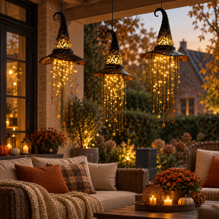 Drie verlichte heksenhoeden hangen boven een gezellige veranda met rieten loungebank, kussens, plaid, herfstbloemen en kaarsen. 6