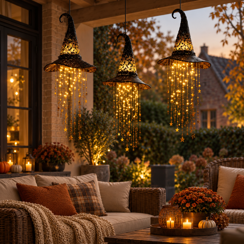 Drie verlichte heksenhoeden hangen boven een gezellige veranda met rieten loungebank, kussens, plaid, herfstbloemen en kaarsen. 6