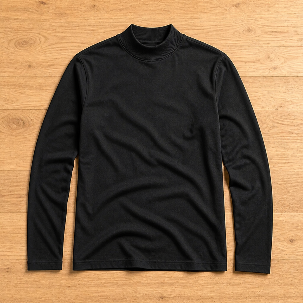 Zwart shirt met lange mouwen en geribbelde hoge kraag, plat van voren neergelegd op een houten vloer. 7