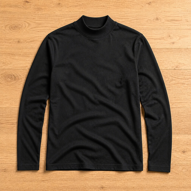Zwart shirt met lange mouwen en geribbelde hoge kraag, plat van voren neergelegd op een houten vloer. 7