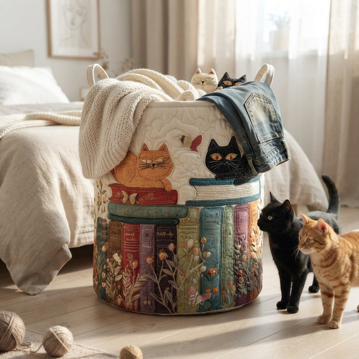 Mand in een slaapkamer met een deken en spijkerbroek erover, terwijl een zwarte en een rode kat eraan snuffelen. 5