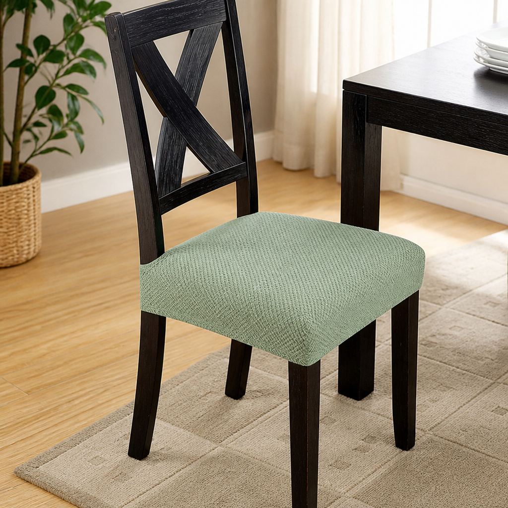 Zwarte kruisrugstoel met een groene gejacquardde zitting hoes naast een donkere eettafel, op een beige vloerkleed. 7