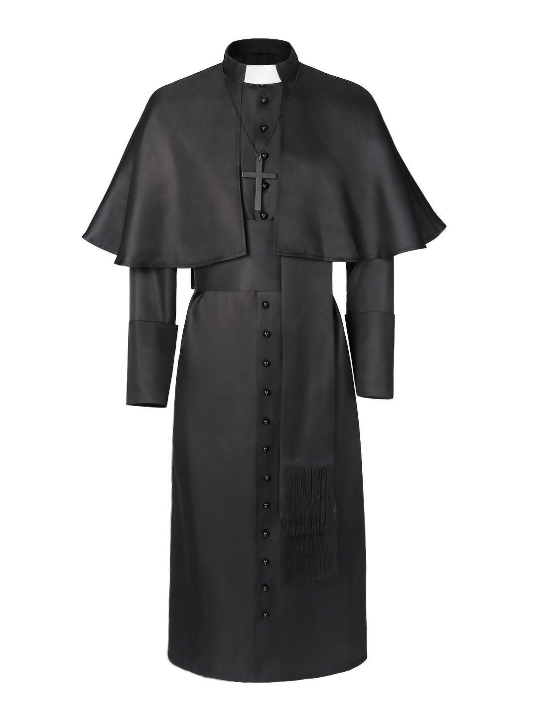 Zwart priesterkostuum recht van voren op wit, met cape, kruisketting, witte priesterkraag en knoopsluiting 3