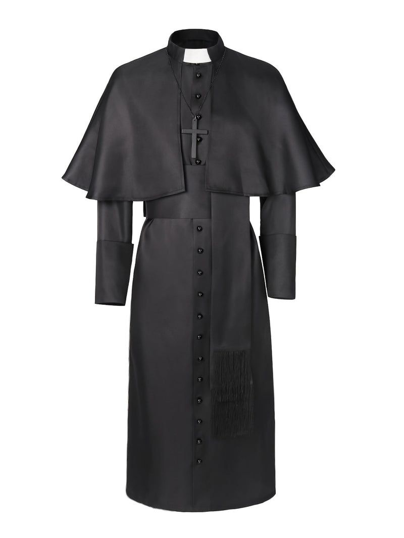 Zwart priesterkostuum recht van voren op wit, met cape, kruisketting, witte priesterkraag en knoopsluiting 3