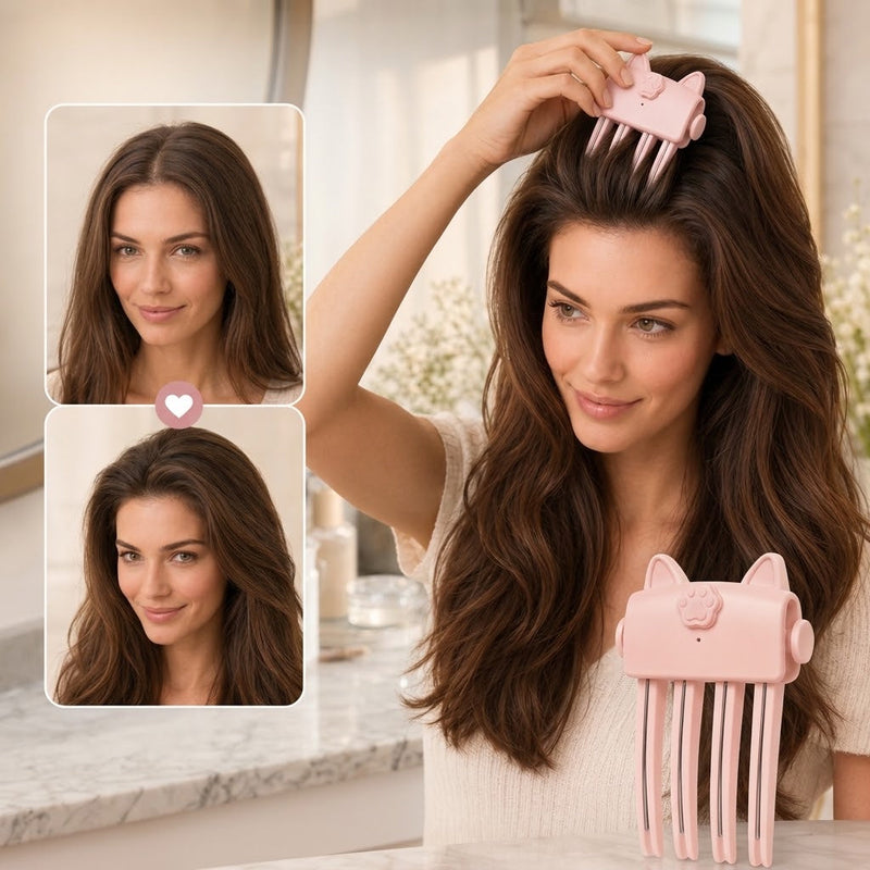 Vrouw met bruin haar gebruikt de roze styler voor volume, met voor-en-nafoto's links 2