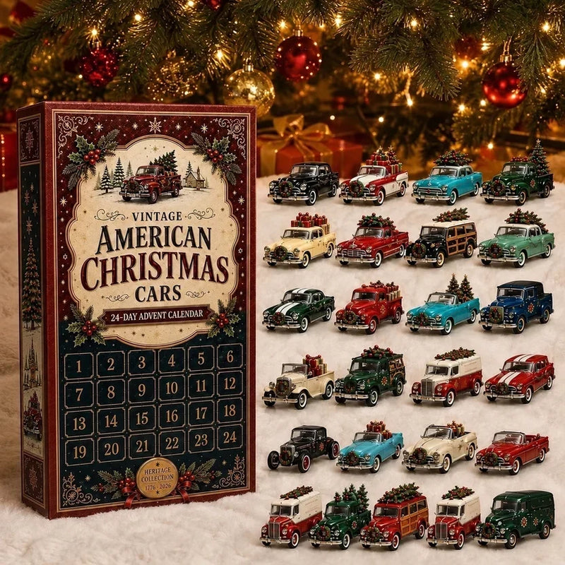 Rood-groene kalenderdoos met kerstthema voor een kerstboom, naast 24 miniatuurauto's met kerstbomen en cadeaus op het dak 9