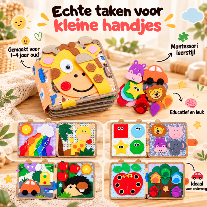 Giraffeboek met vier opengeslagen spreads vol vilten activiteiten en losse dieren ernaast 3