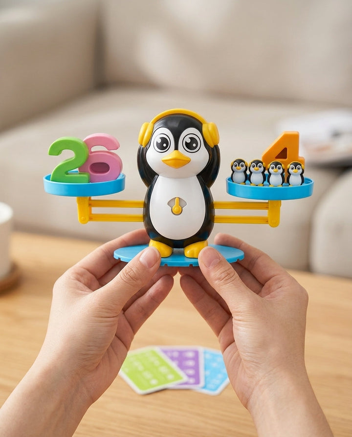 Twee handen houden de pinguïnbalans vast, met cijfers op de ene schaal en pinguïntjes op de andere 7