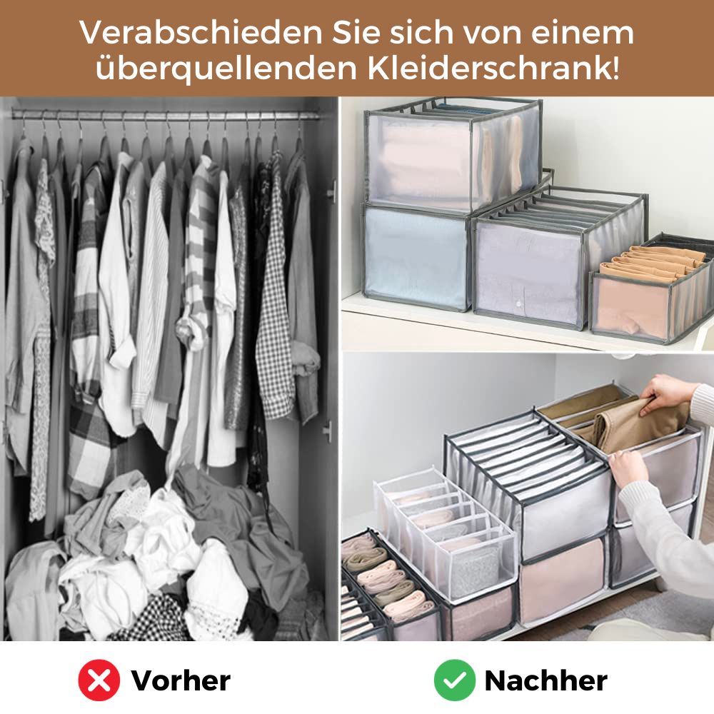 Voor-en-nabeeld: een chaotische kast met rondslingerende kleding naast opgeruimde grijze organizerzakken met opgevouwen kleding op een plank en in een kast. 3