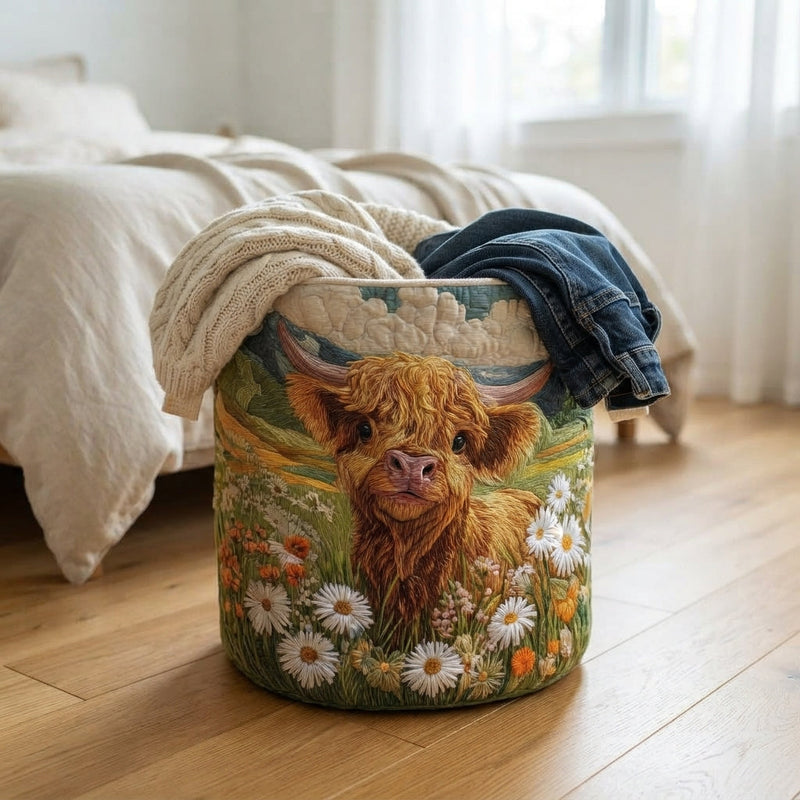 Mand met hooglanderprint naast een bed op een houten vloer, gevuld met een gebreide trui en een spijkerbroek. 5