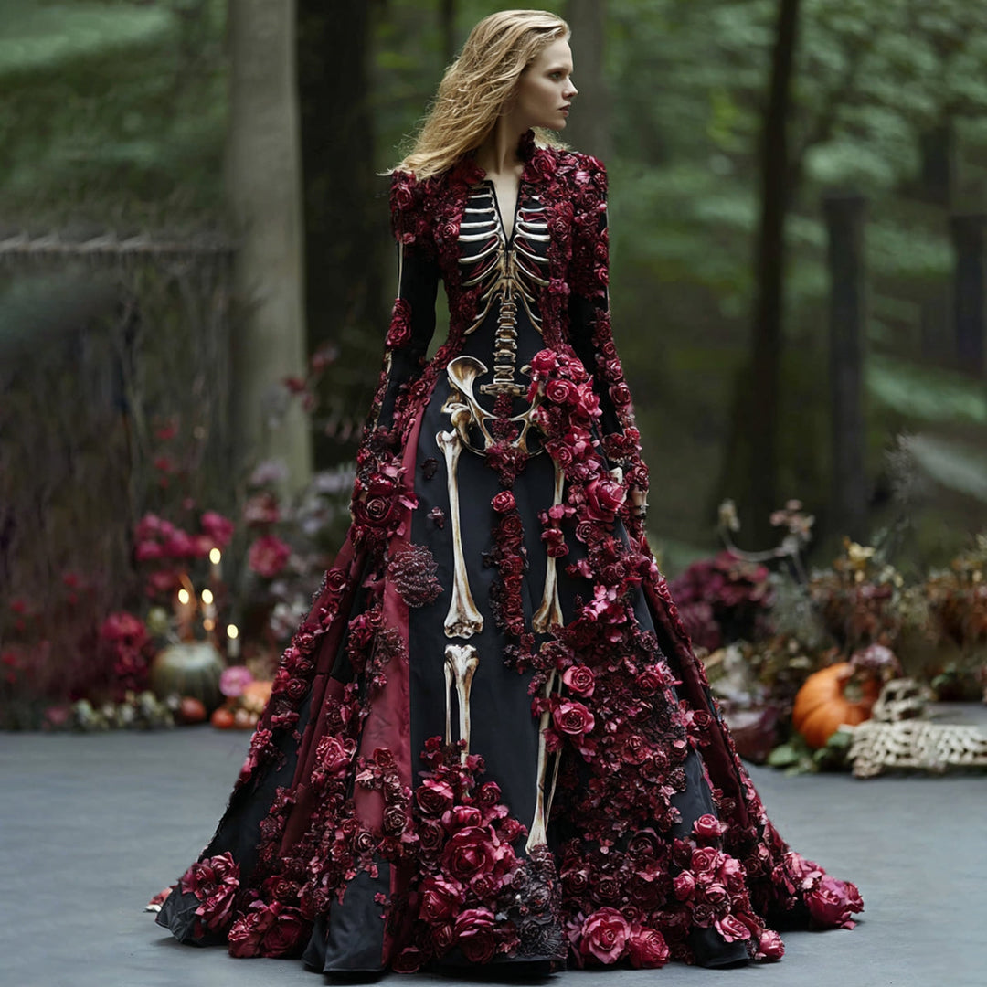 Model in zwarte maxi-jurk met skeletprint en donkerrode 3D-bloemen, volledig zichtbaar in een bos met pompoenen. 5