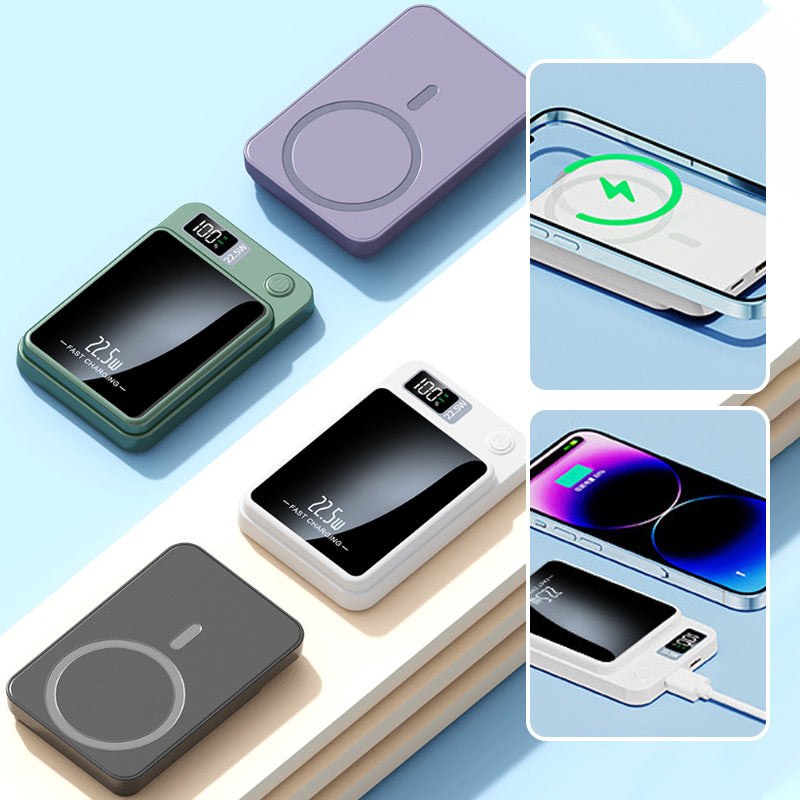 Collage van de powerbank in zwart, groen, paars en wit, met close-ups van draadloos opladen en opladen via kabel. 9