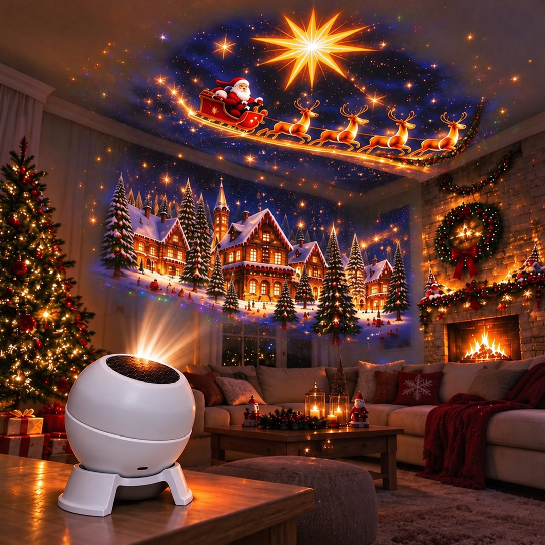 Projector op een salontafel werpt een kerstscène met kerstman, rendieren en besneeuwde huisjes over plafond en muur van een woonkamer. 5