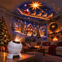 Projector op een salontafel werpt een kerstscène met kerstman, rendieren en besneeuwde huisjes over plafond en muur van een woonkamer. 5