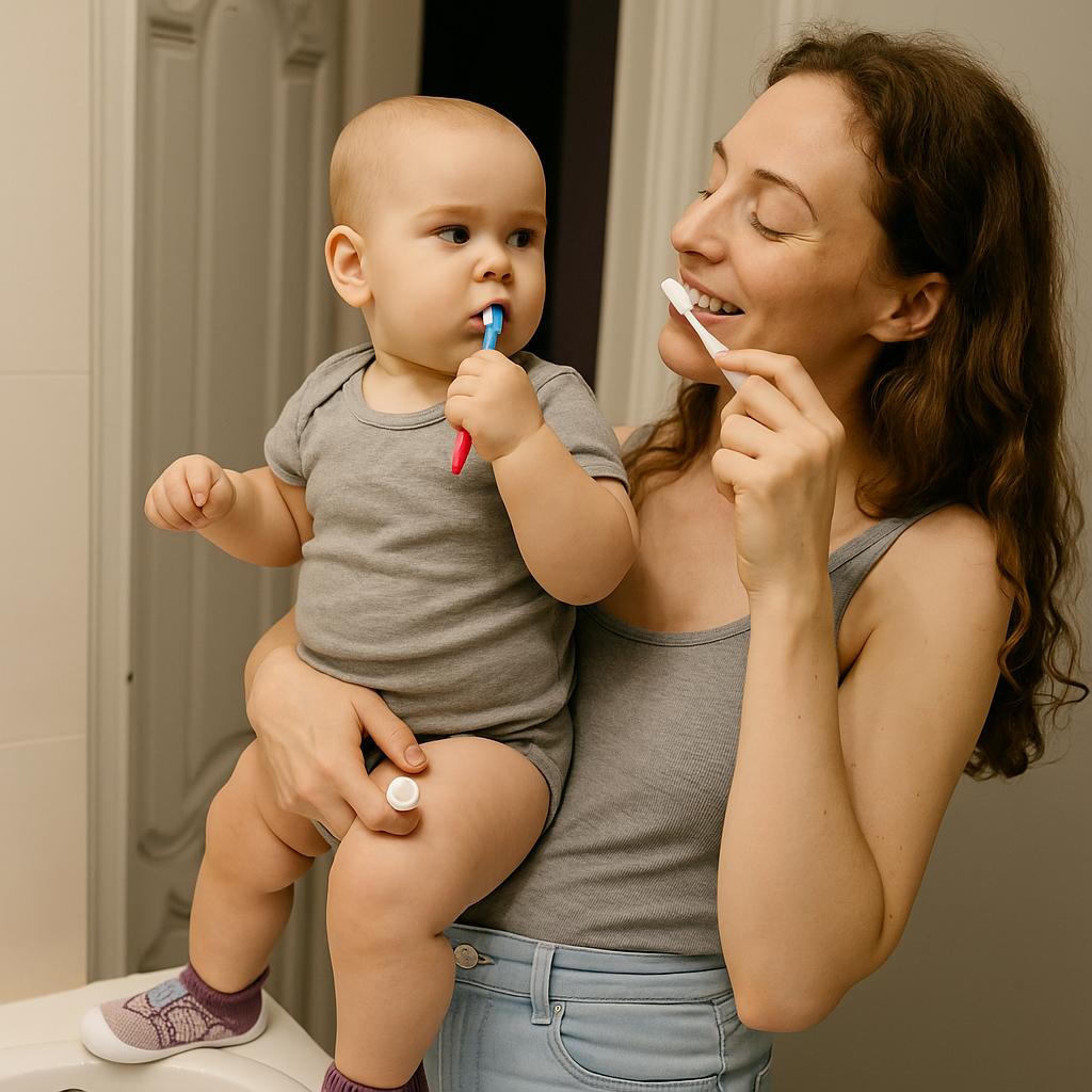 Moeder poetst tanden naast een baby met tandenborstel in de badkamer; de baby draagt roze-paarse gebreide schoentjes. 4