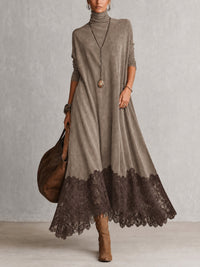 Taupe jurk met donkerbruine kanten zoom, gedragen met laarzen en grote leren tas 8