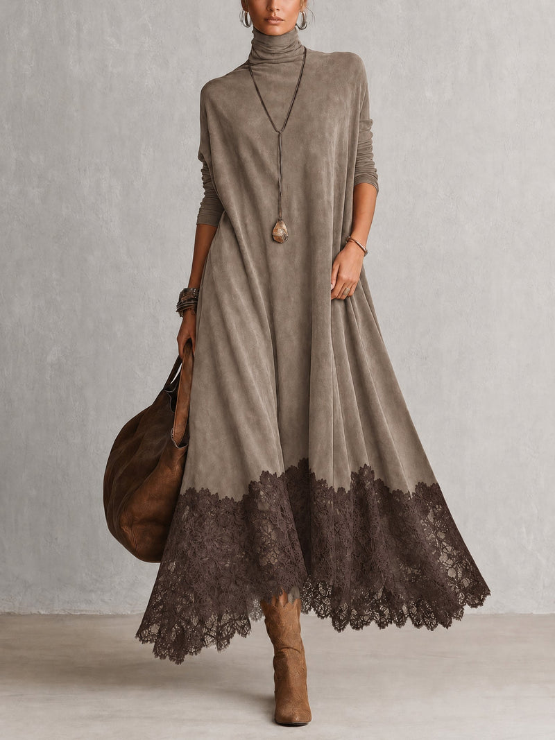 Taupe jurk met donkerbruine kanten zoom, gedragen met laarzen en grote leren tas 8
