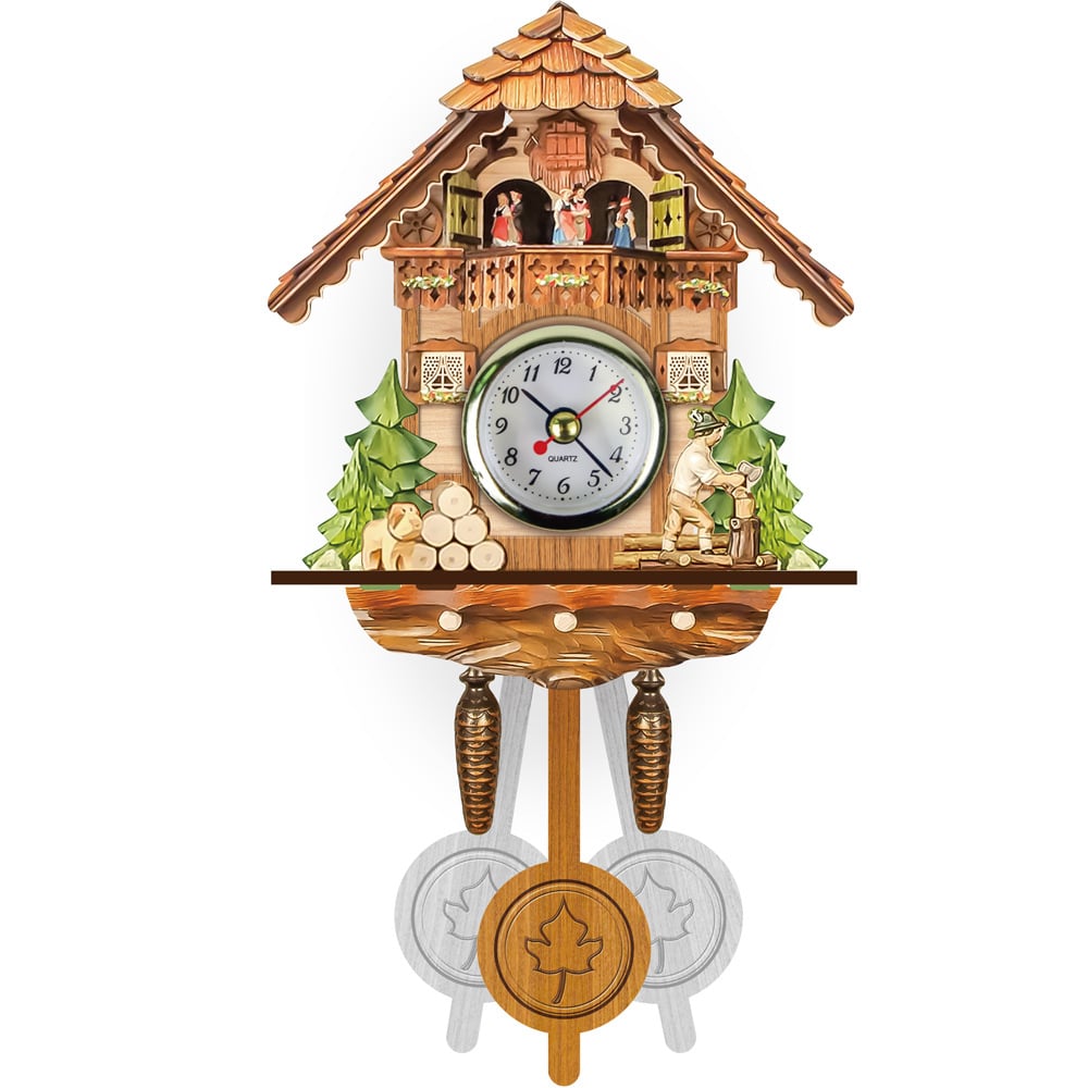 Koekoeksklok met balkon, dansende figuurtjes, houthakker, boomstammen, hondje en twee dennenbomen, met een pendule met esdoornblad. 4
