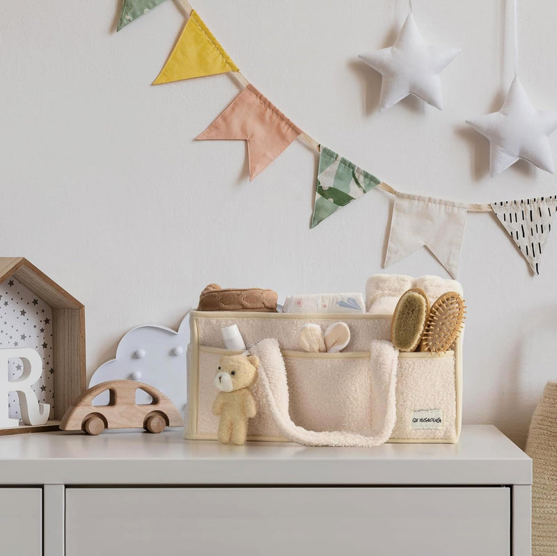 Baby Diaper Bag Caddy Organizer – Soft Sherpa Storage Basket with Compartments – Elvoria 