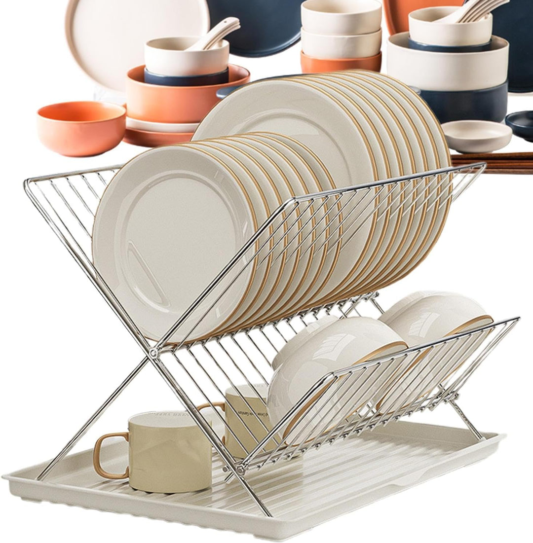 Folding Dish Drying Rack – 2-Tier Countertop Drying Rack with Removable Drip Tray – Kelvra 