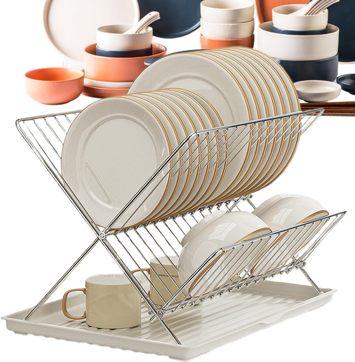 Folding Dish Drying Rack – 2-Tier Countertop Drying Rack with Removable Drip Tray – Kelvra 