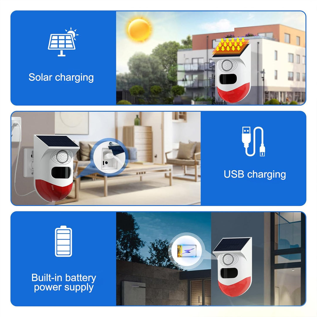 Solarbetriebenes Bewegungsmelder-Alarmgerät mit 120-dB-Sirene und LED-Stroboskop – Feronix