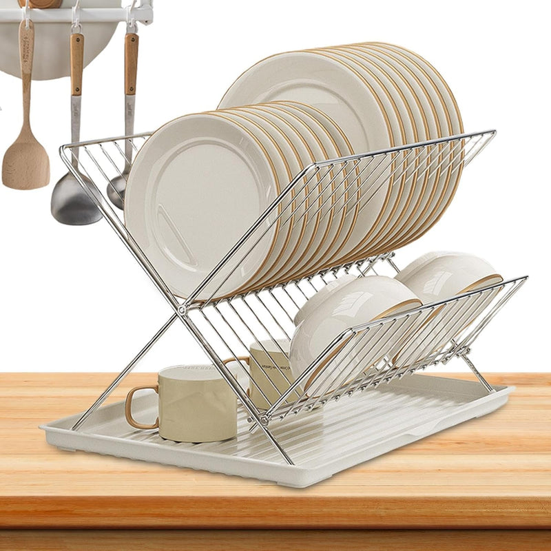 Folding Dish Drying Rack – 2-Tier Countertop Drying Rack with Removable Drip Tray – Kelvra 