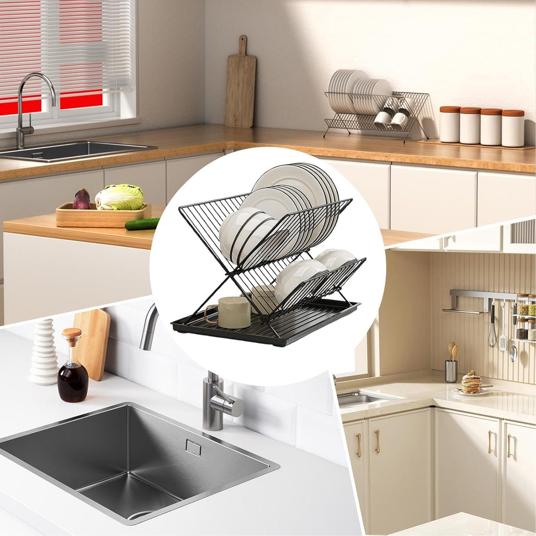 Folding Dish Drying Rack – 2-Tier Countertop Drying Rack with Removable Drip Tray – Kelvra 