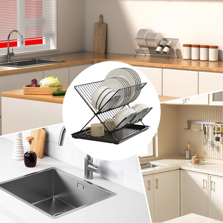 Folding Dish Drying Rack – 2-Tier Countertop Drying Rack with Removable Drip Tray – Kelvra 