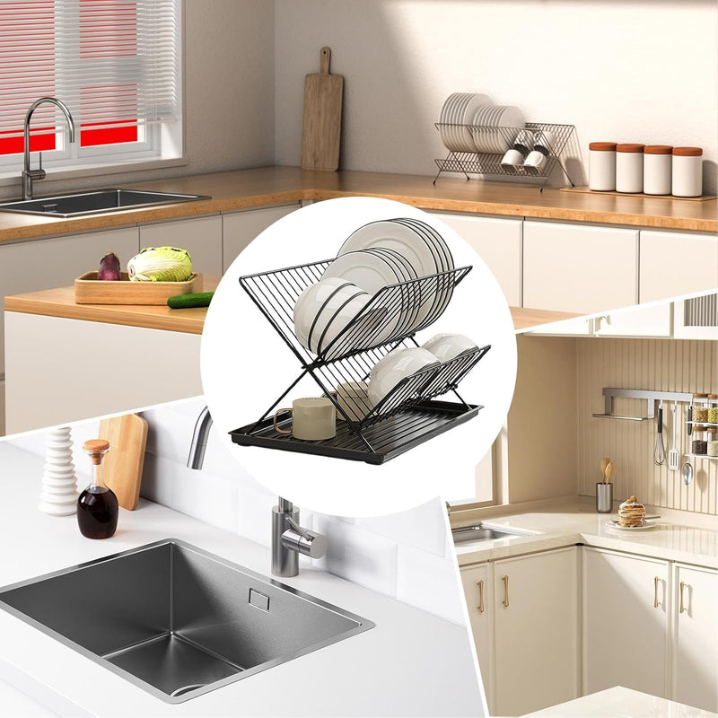 Folding Dish Drying Rack – 2-Tier Countertop Drying Rack with Removable Drip Tray – Kelvra 