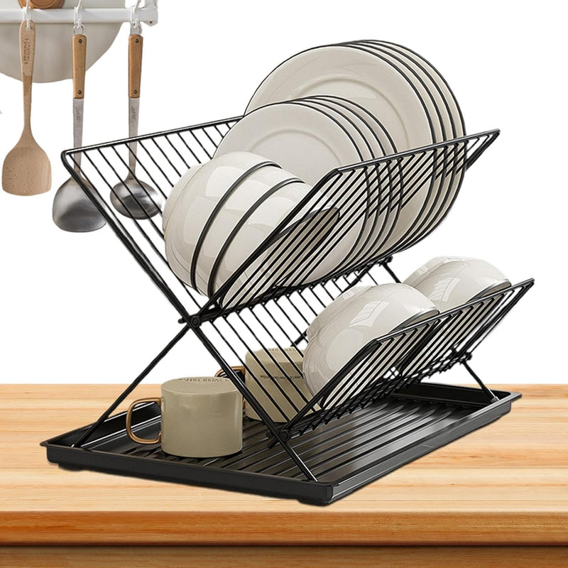 Folding Dish Drying Rack – 2-Tier Countertop Drying Rack with Removable Drip Tray – Kelvra 