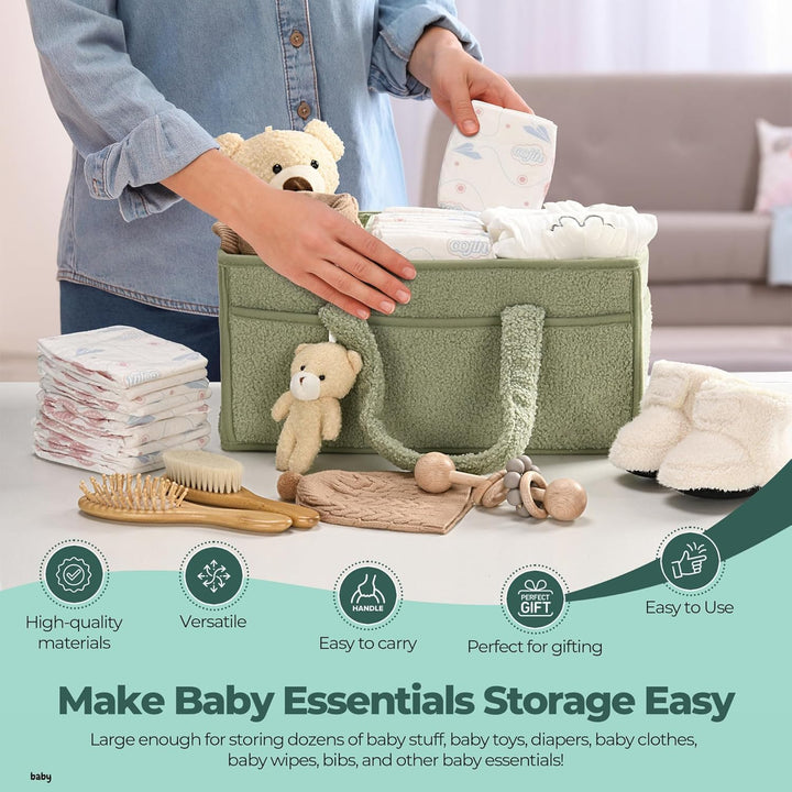 Baby Diaper Bag Caddy Organizer – Soft Sherpa Storage Basket with Compartments – Elvoria 